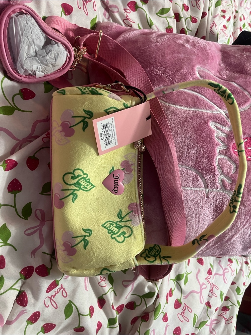 Juicy Couture Yellow and Pink Cherry Print Shoulder Bag with Heart Charm
